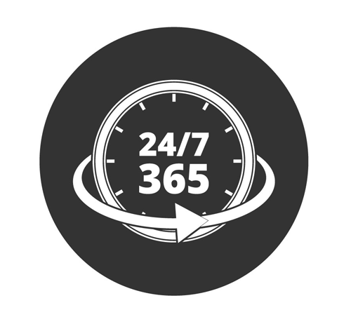 About 24 Hours per day / 365 days per year service graphic icon in black